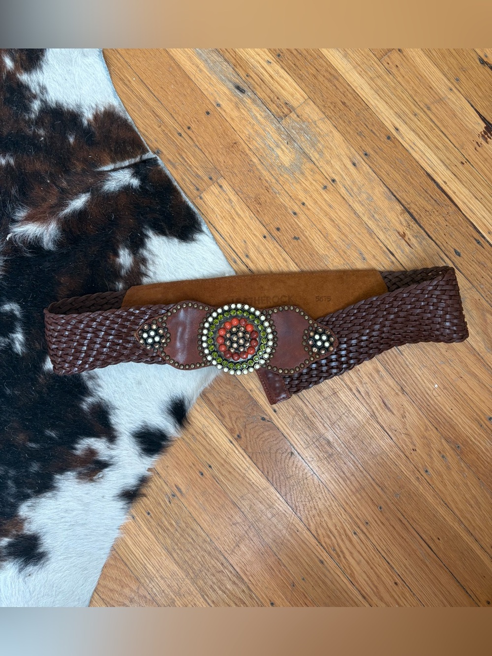 LEATHERROCK Vintage Brown Leather Woven Semiprecious Stone Belt